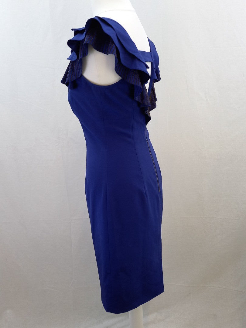 Karen Millen Royal Blue Silk Blend Dress with Chain Detailing - Size UK 8