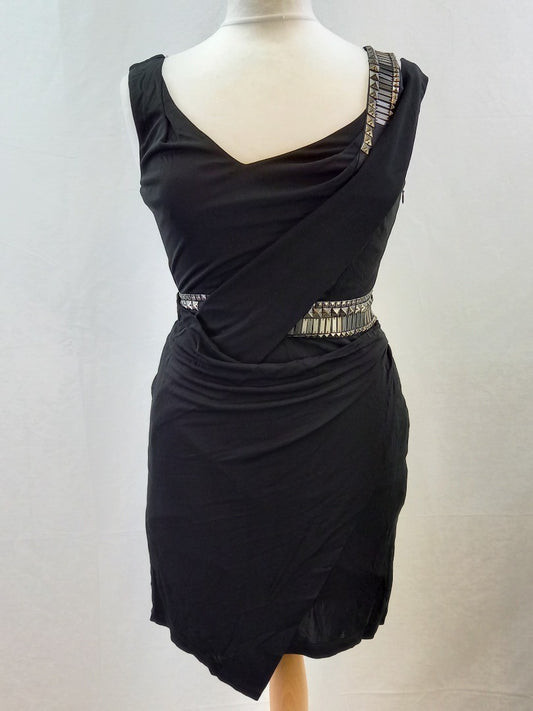 Karen Millen Black Studded Asymmetrical V Neck Knee Length Dress - Size UK 12