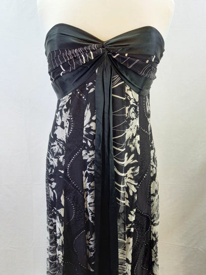 Monsoon Black & Grey Silk Panelled Strapless Maxi Dress - Size UK 14