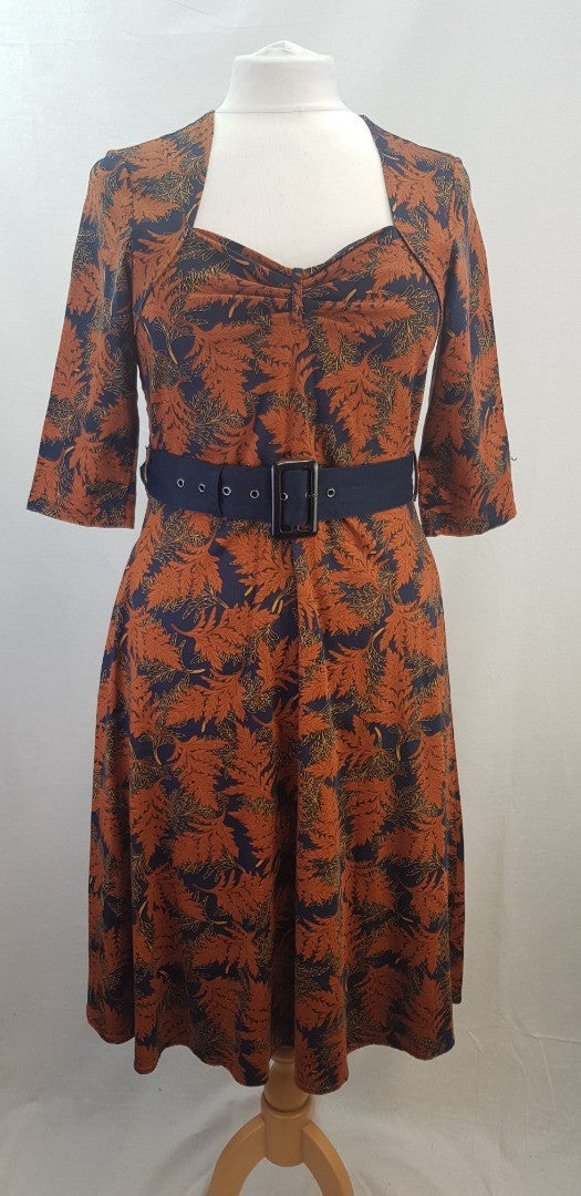 Joe Brown Navy Orange Midi Stretchy Dress Size 10 Excellent Condition