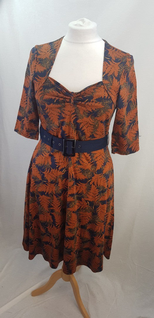 Joe Brown Navy Orange Midi Stretchy Dress Size 10 Excellent Condition