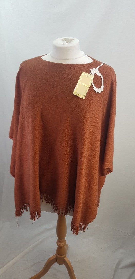 E-Woman Burnt Orange Poncho Fringe Detail Size L BNWT