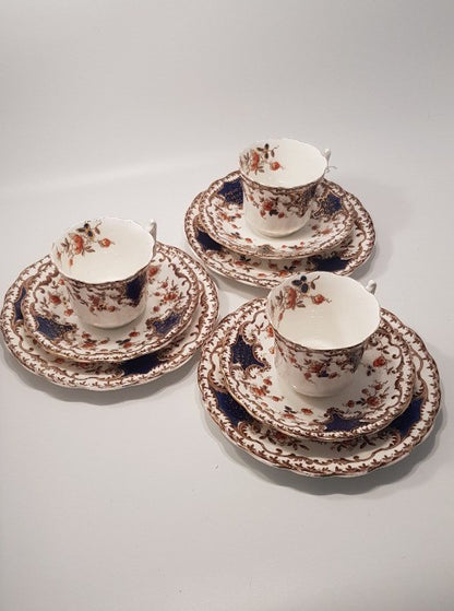 Vintage Tea Set Trio Blue Orange Gold  (x3 sets) 9 Pieces VGC