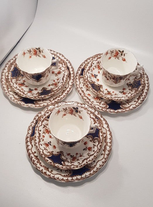 Vintage Tea Set Trio Blue Orange Gold  (x3 sets) 9 Pieces VGC