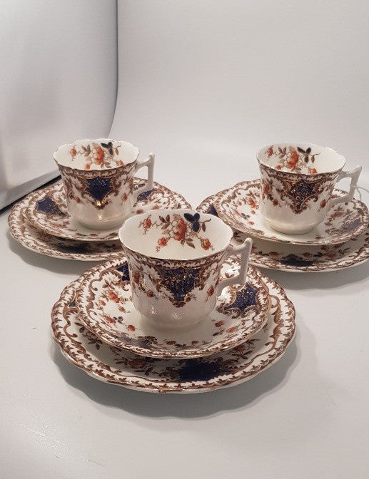 Vintage Tea Set Trio Blue Orange Gold  (x3 sets) 9 Pieces VGC