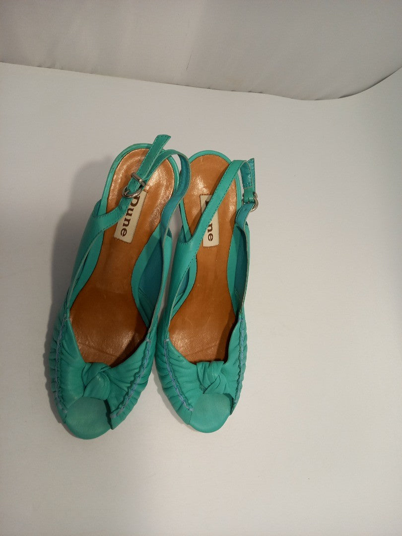 Dune Shoes High Heels, Women's Size 5B Turquoise Green Leather Peep Toe Heeled