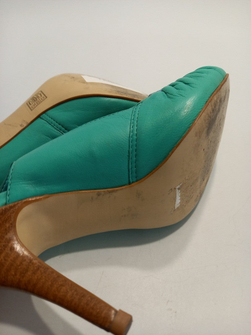 Dune Shoes High Heels, Women's Size 5B Turquoise Green Leather Peep Toe Heeled