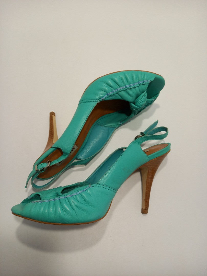 Dune Shoes High Heels, Women's Size 5B Turquoise Green Leather Peep Toe Heeled