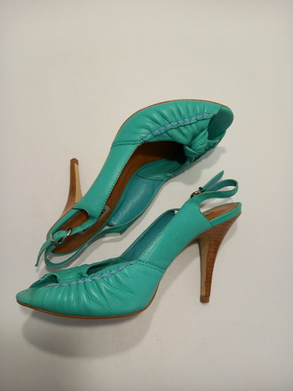 Dune Shoes High Heels, Women's Size 5B Turquoise Green Leather Peep Toe Heeled