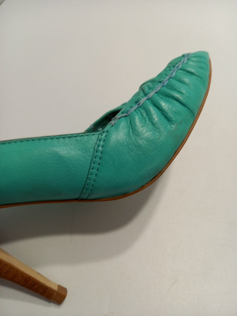 Dune Shoes High Heels, Women's Size 5B Turquoise Green Leather Peep Toe Heeled