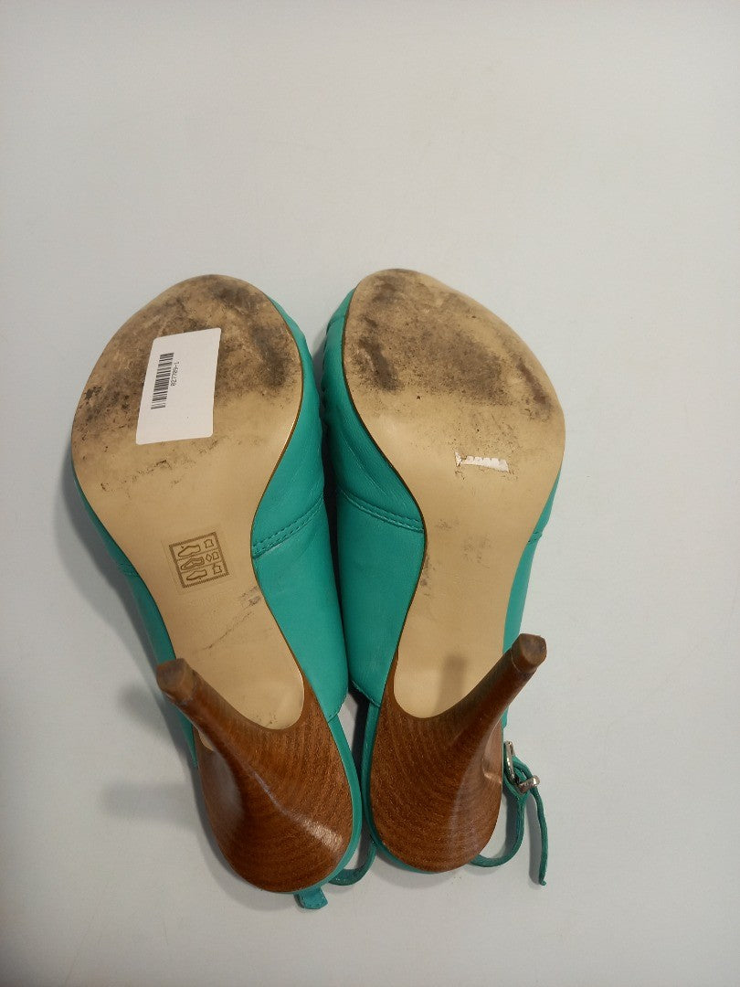 Dune Shoes High Heels, Women's Size 5B Turquoise Green Leather Peep Toe Heeled