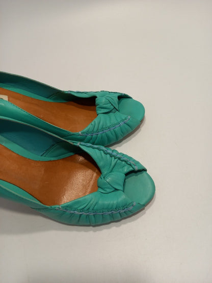 Dune Shoes High Heels, Women's Size 5B Turquoise Green Leather Peep Toe Heeled