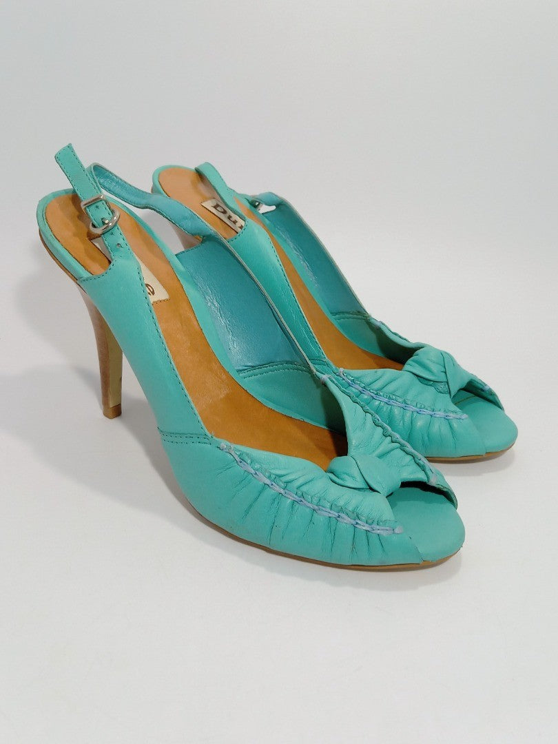 Dune Shoes High Heels, Women's Size 5B Turquoise Green Leather Peep Toe Heeled