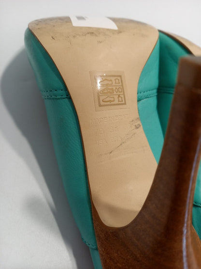 Dune Shoes High Heels, Women's Size 5B Turquoise Green Leather Peep Toe Heeled