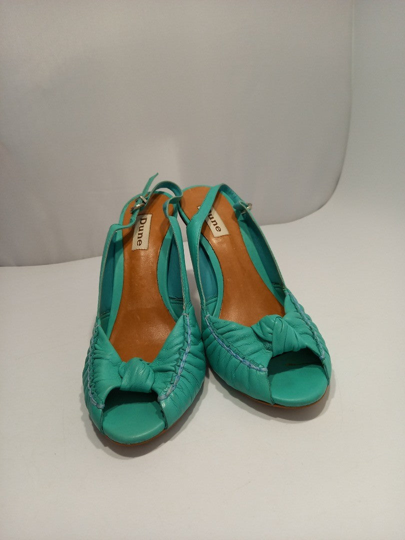 Dune Shoes High Heels, Women's Size 5B Turquoise Green Leather Peep Toe Heeled