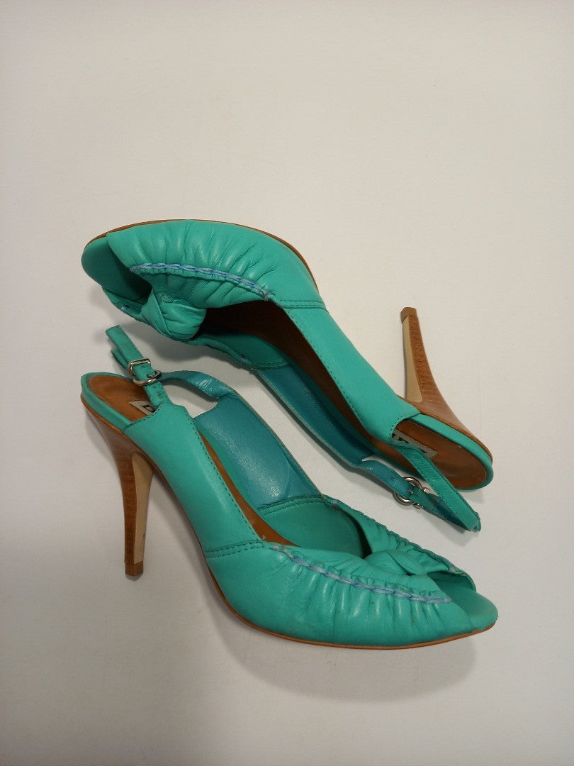 Dune Shoes High Heels, Women's Size 5B Turquoise Green Leather Peep Toe Heeled