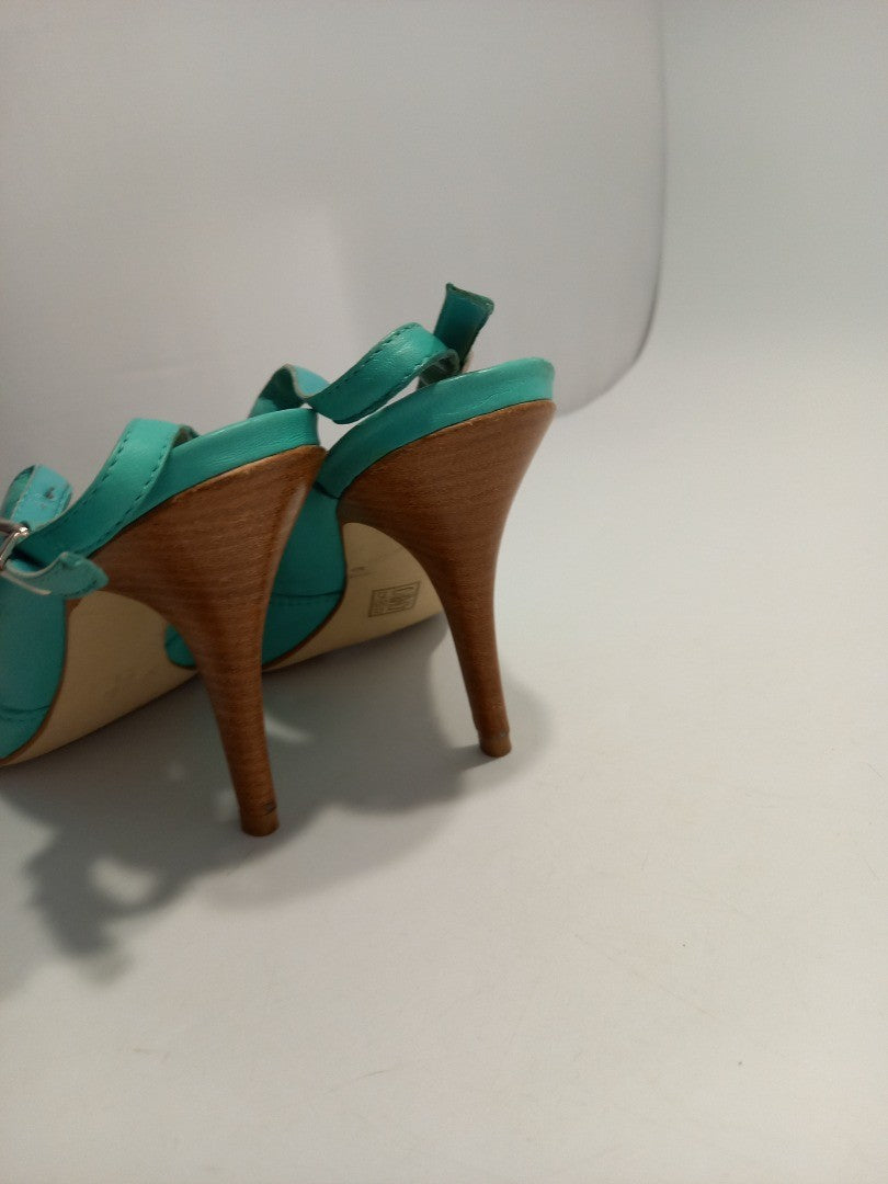 Dune Shoes High Heels, Women's Size 5B Turquoise Green Leather Peep Toe Heeled