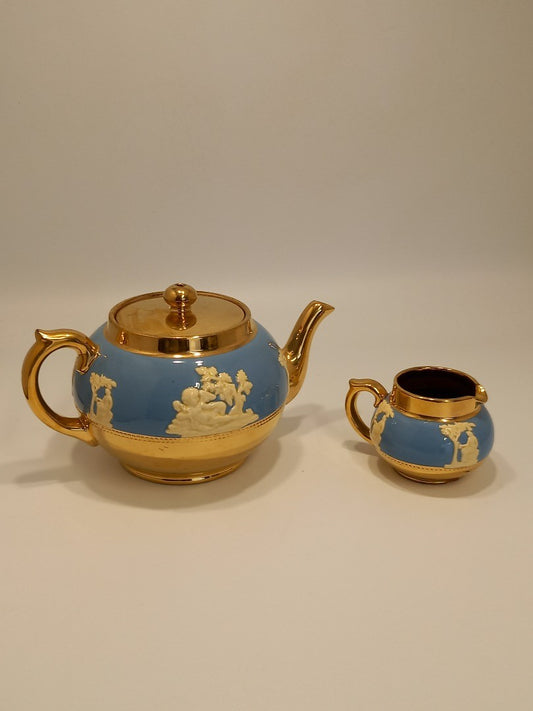 Gibson Staffordshire Jasperware Pottery - Teapot and Milk Jug Blue & Gold