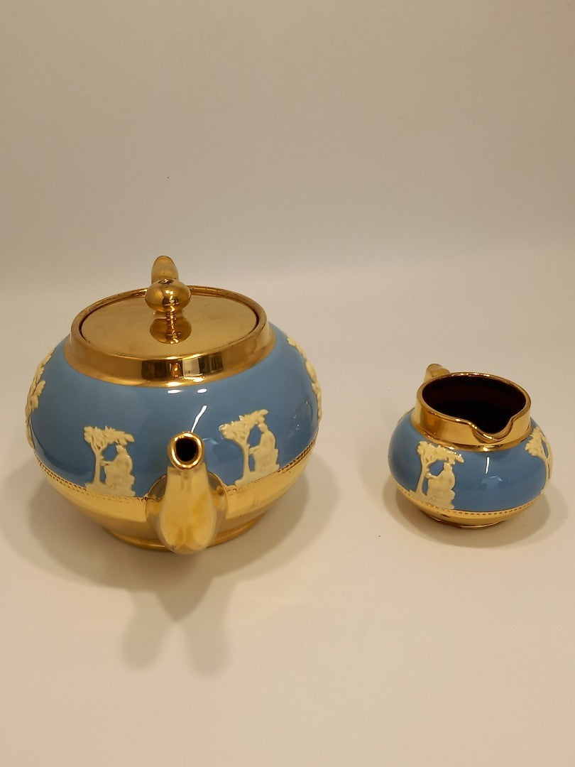 Gibson Staffordshire Jasperware Pottery - Teapot and Milk Jug Blue & Gold