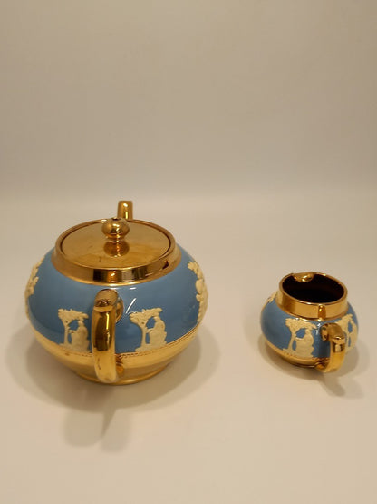 Gibson Staffordshire Jasperware Pottery - Teapot and Milk Jug Blue & Gold