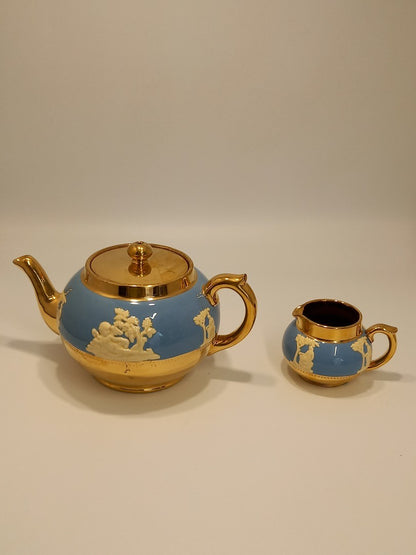 Gibson Staffordshire Jasperware Pottery - Teapot and Milk Jug Blue & Gold