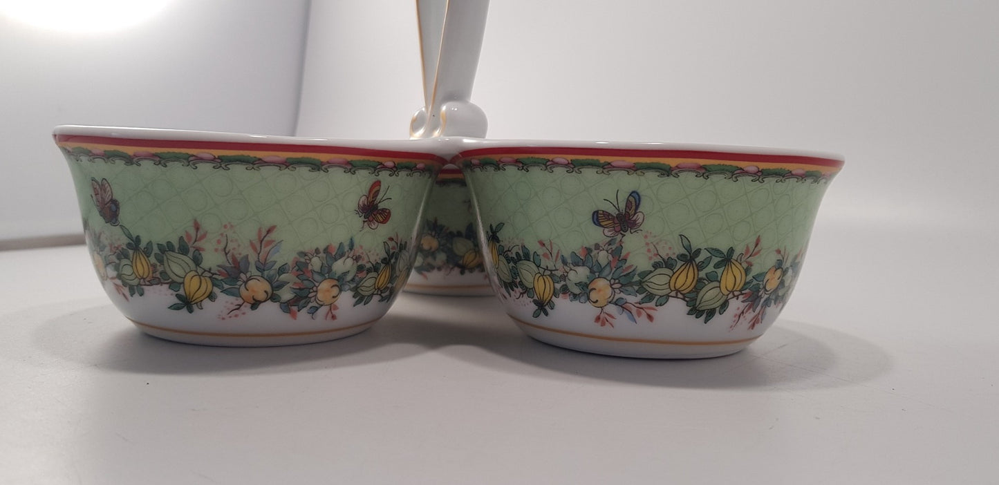 William Sonoma Condiment Serving Dish Trio Flowers Birds Butterflies Excellent Condition