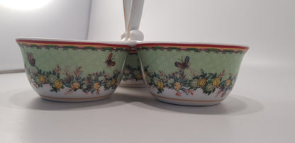 William Sonoma Condiment Serving Dish Trio Flowers Birds Butterflies Excellent Condition