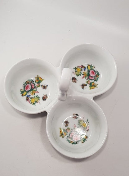 William Sonoma Condiment Serving Dish Trio Flowers Birds Butterflies Excellent Condition