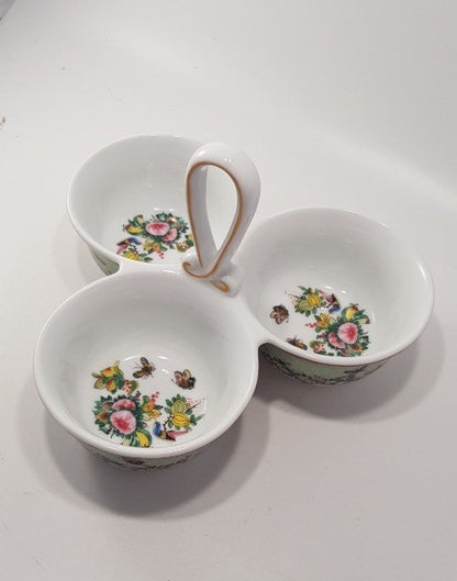 William Sonoma Condiment Serving Dish Trio Flowers Birds Butterflies Excellent Condition