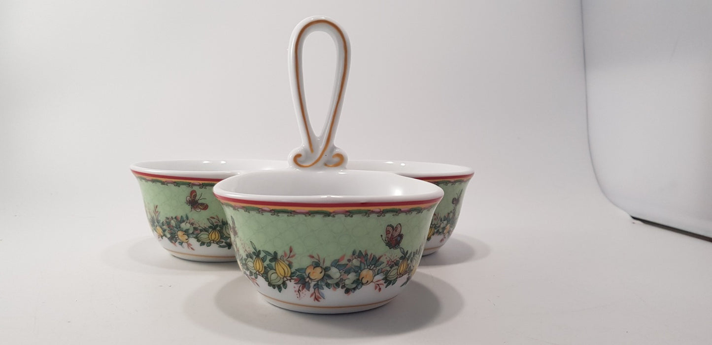 William Sonoma Condiment Serving Dish Trio Flowers Birds Butterflies Excellent Condition