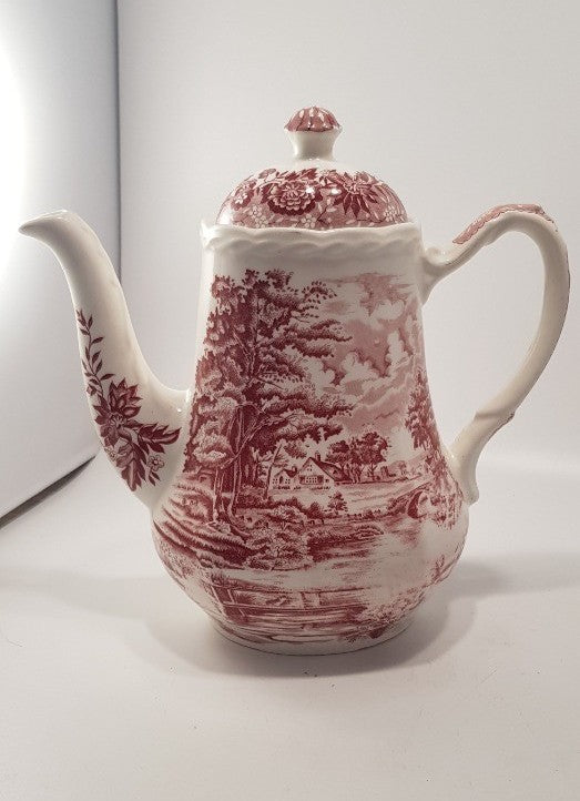 Burgundy White Faux Masons Teapot VGC