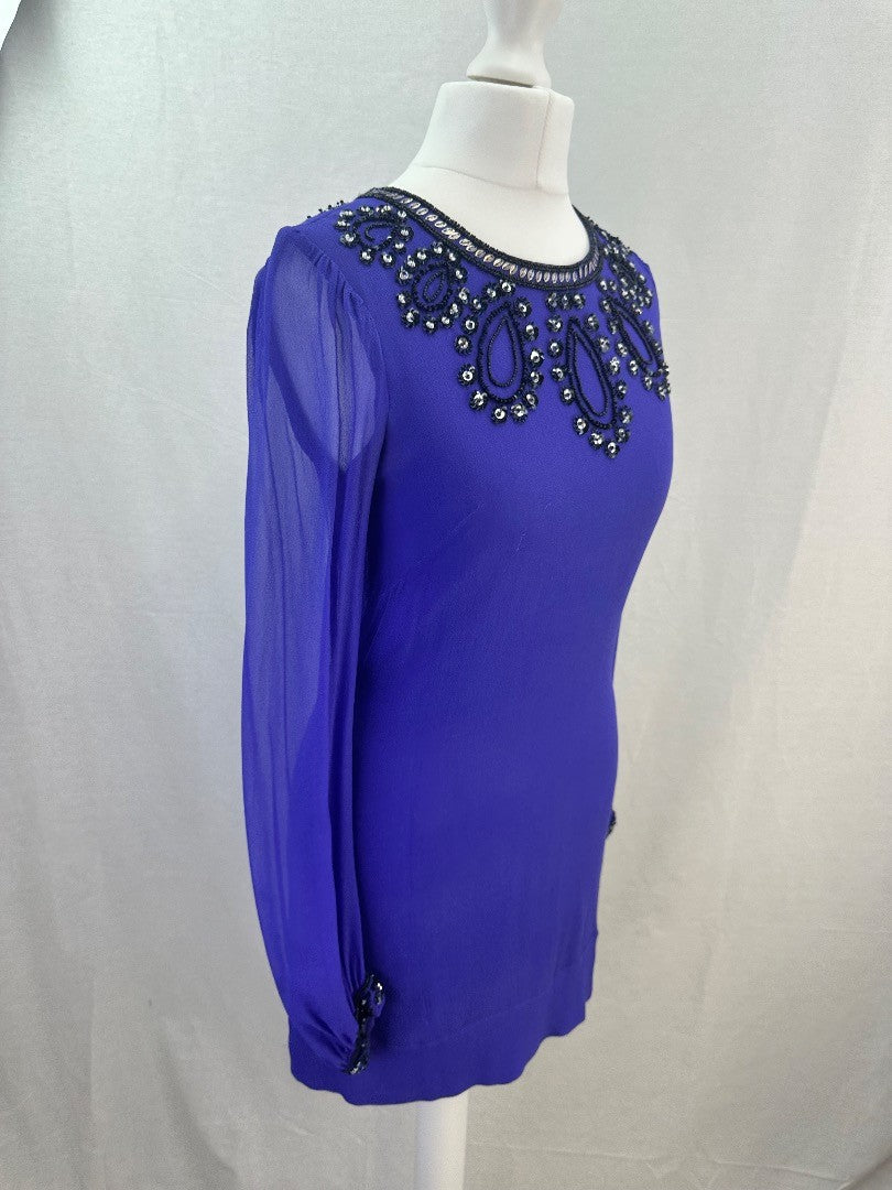 French Connection Purple Silk Beaded Short Dress Size 6 Excellent Condition