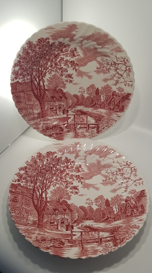 Johnson Bros 12" Round Cotswold Village Plates x2 Pink White Excellent Condition