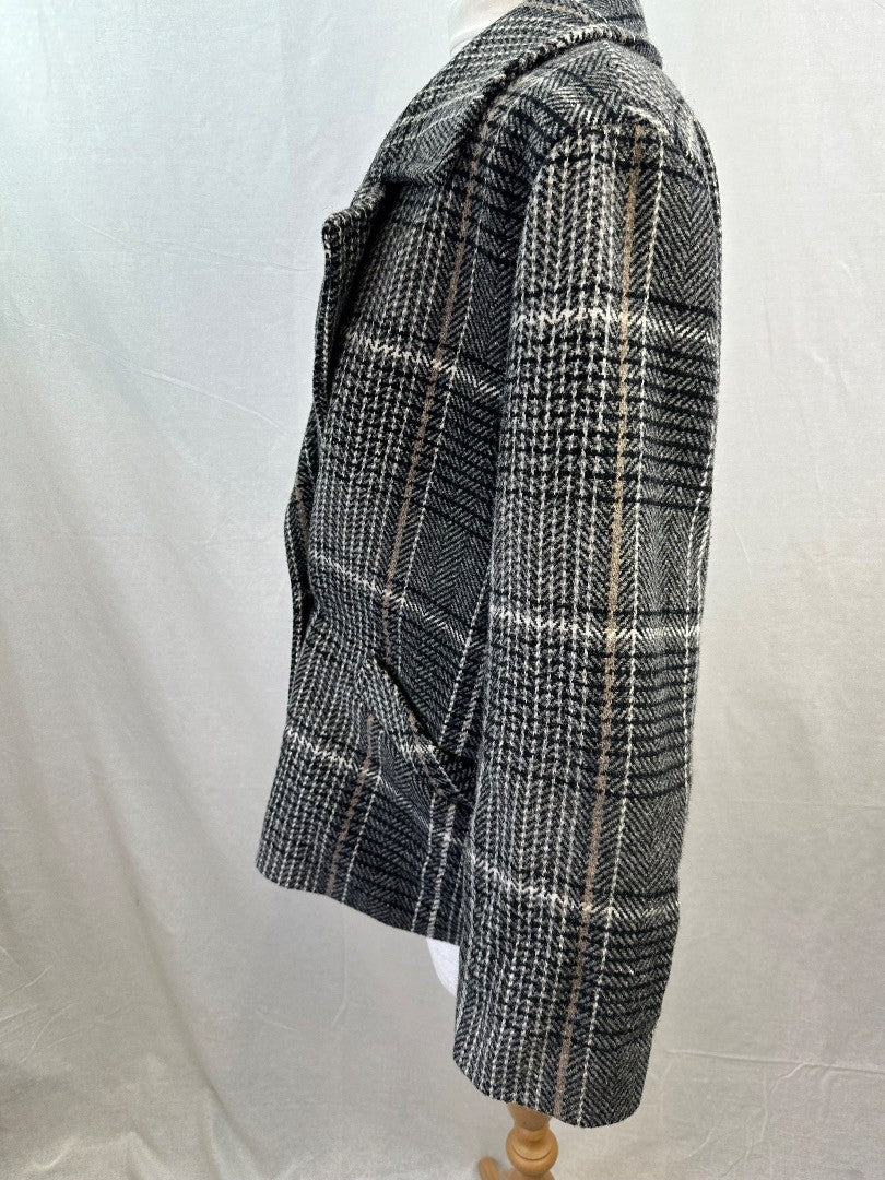 M&S Black White Beige Check Wool Mix Coat Size 16 VGC Vintage