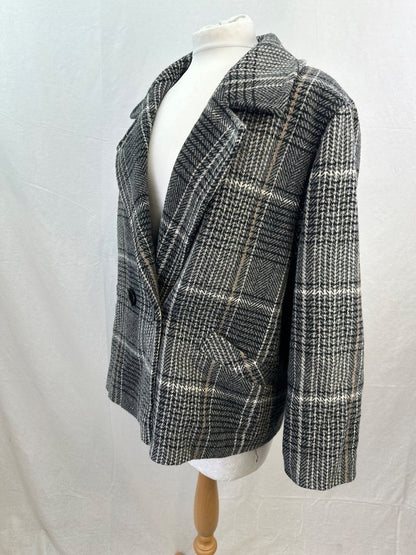 M&S Black White Beige Check Wool Mix Coat Size 16 VGC Vintage