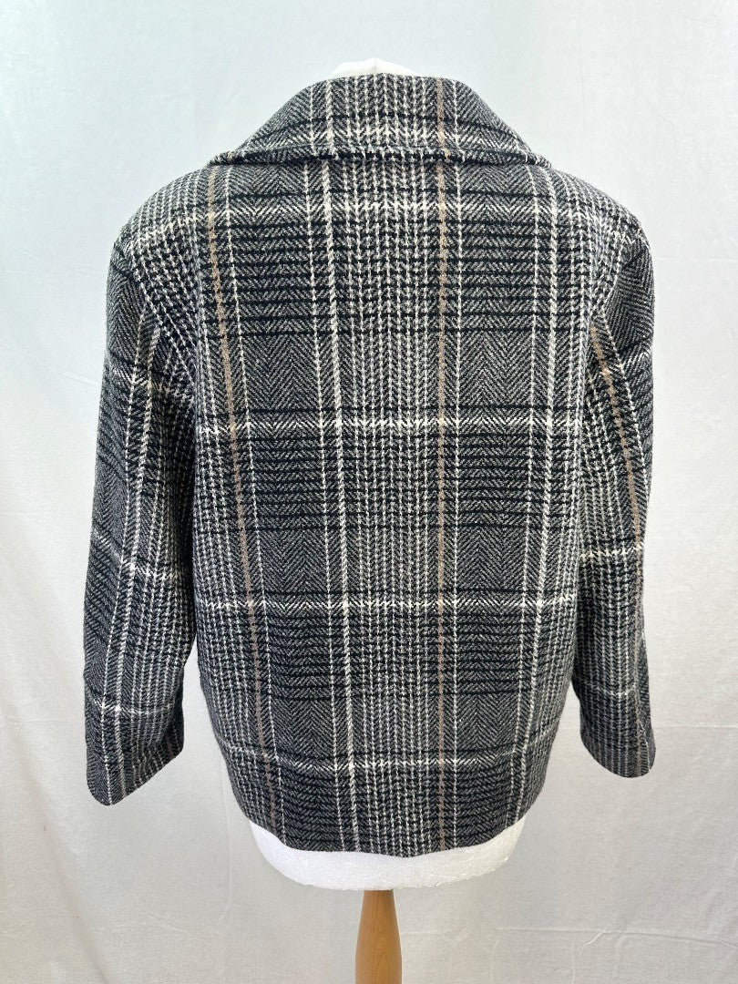 M&S Black White Beige Check Wool Mix Coat Size 16 VGC Vintage