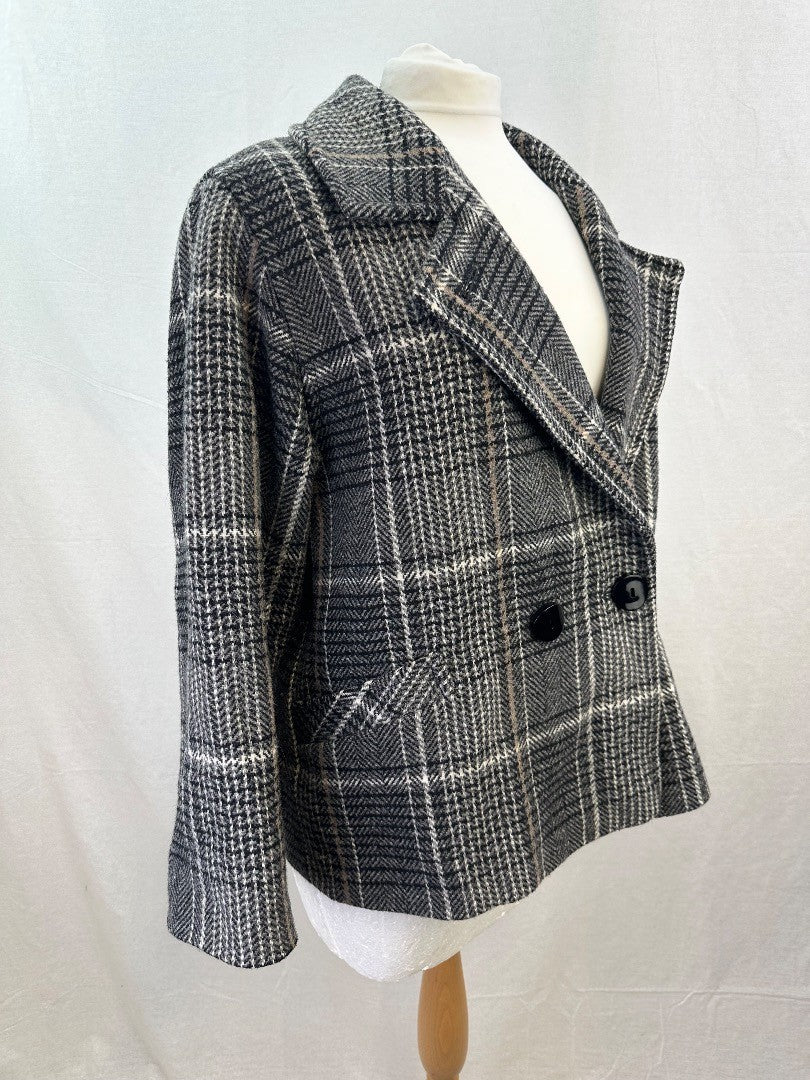 M&S Black White Beige Check Wool Mix Coat Size 16 VGC Vintage