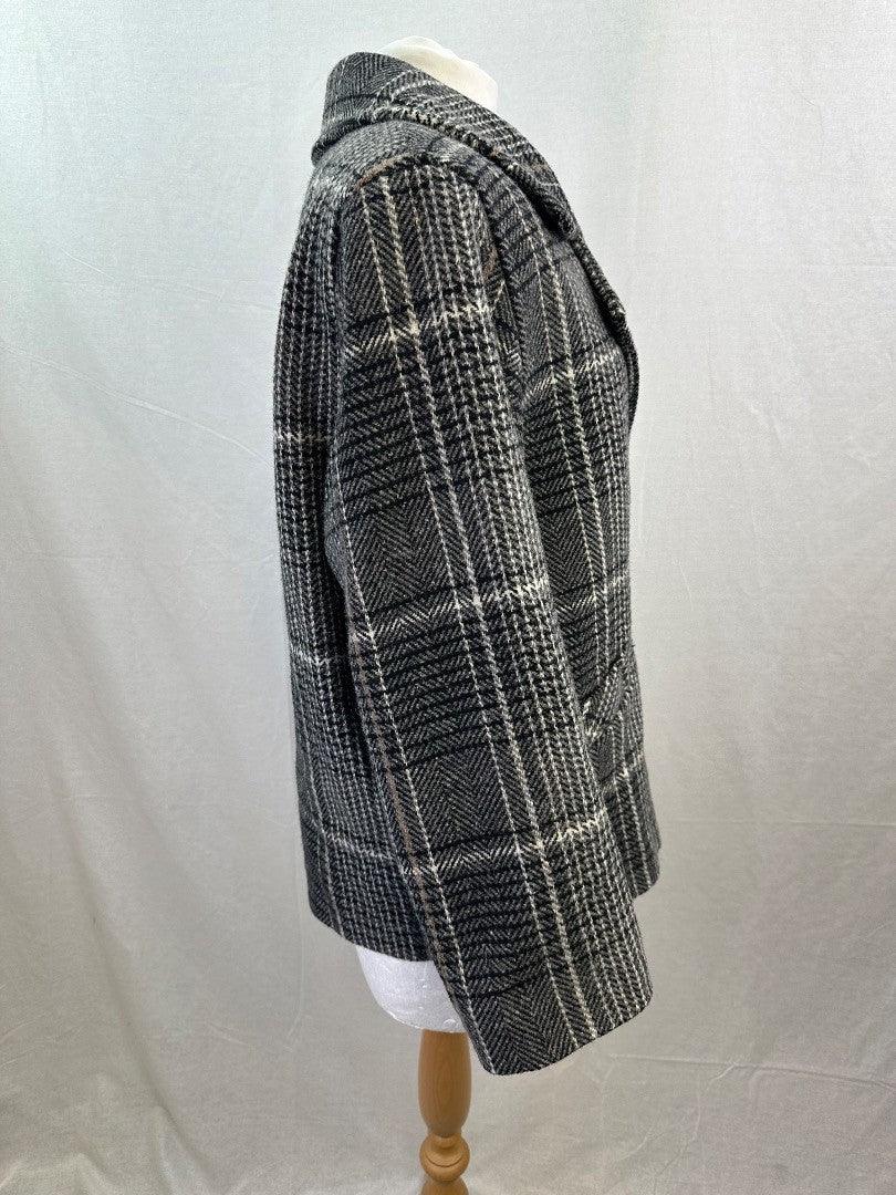 M&S Black White Beige Check Wool Mix Coat Size 16 VGC Vintage