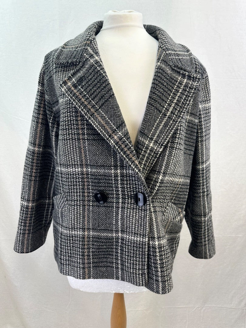 M&S Black White Beige Check Wool Mix Coat Size 16 VGC Vintage