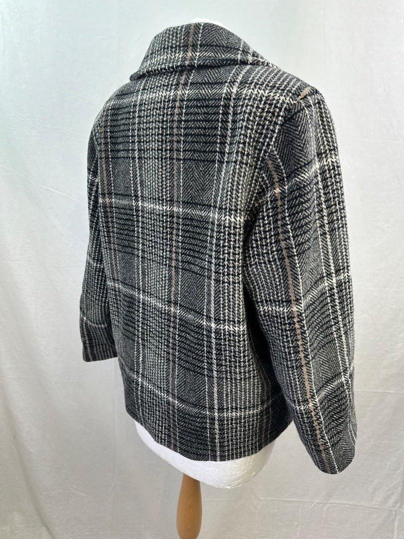 M&S Black White Beige Check Wool Mix Coat Size 16 VGC Vintage