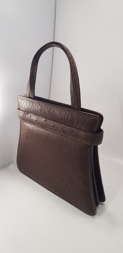 Brown Ostrich Leather Handbag Small Vintage VGC