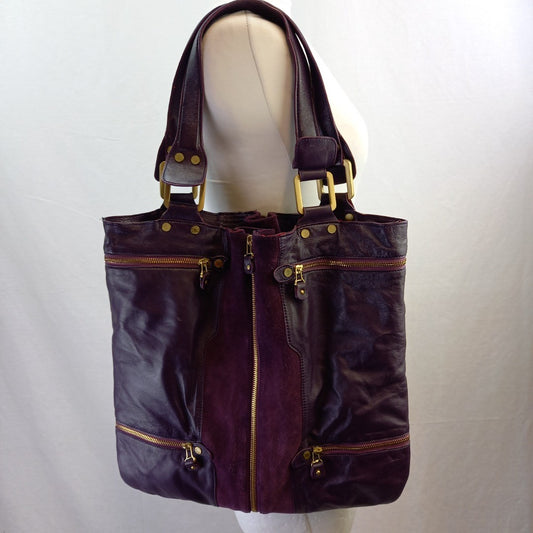 Jimmy Choo Mona Tote Purple Calfskin Leather Suede Shoulder Bag.