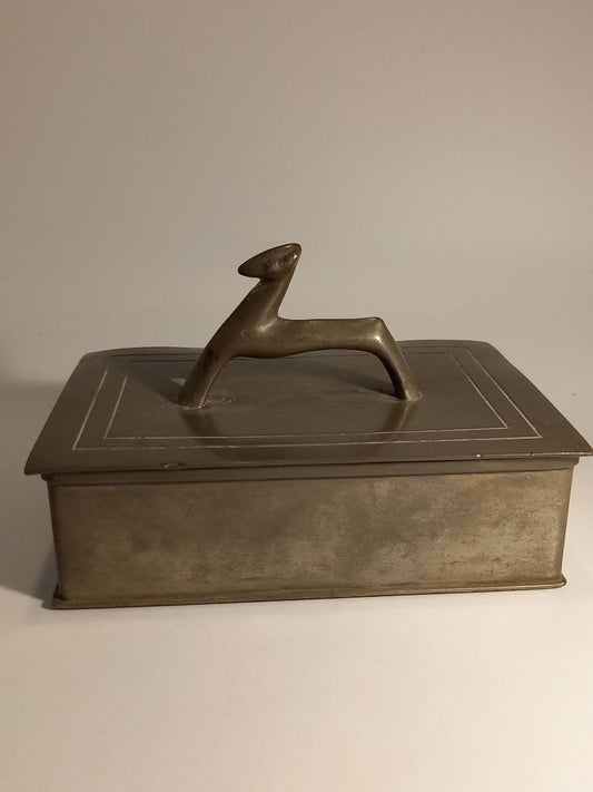 Pewter by Rice Art Deco Antique Deer Handle Wood Lined Box Marked 247 - 13x9.5cm