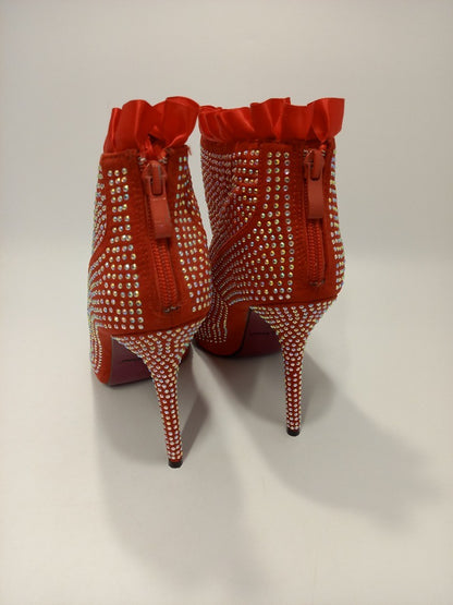 Belle Women Red Diamante Statement Stiletto Heeled Faux Suede Boots - Size UK6.5