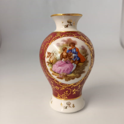 Limoges Vase - France - Porcelain Courting Couple - Red & Gold - Small