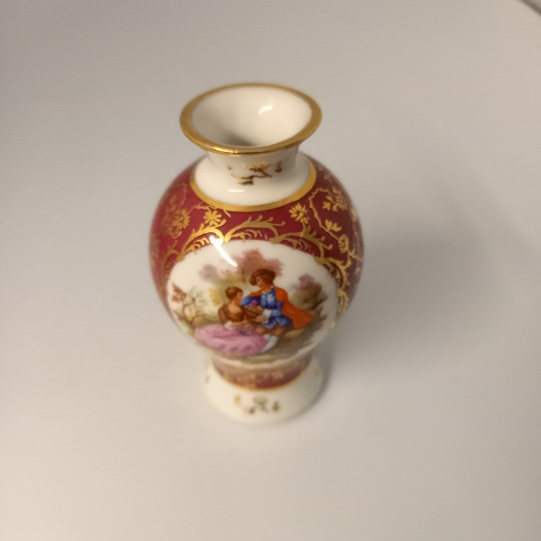 Limoges Vase - France - Porcelain Courting Couple - Red & Gold - Small