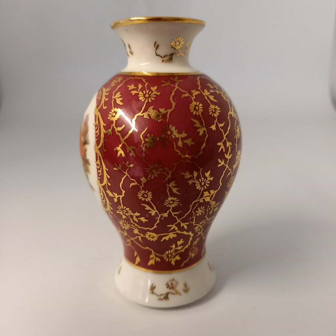 Limoges Vase - France - Porcelain Courting Couple - Red & Gold - Small