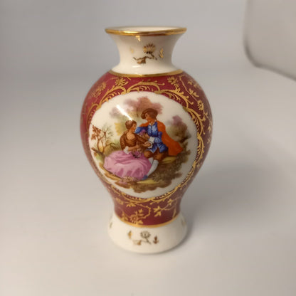 Limoges Vase - France - Porcelain Courting Couple - Red & Gold - Small