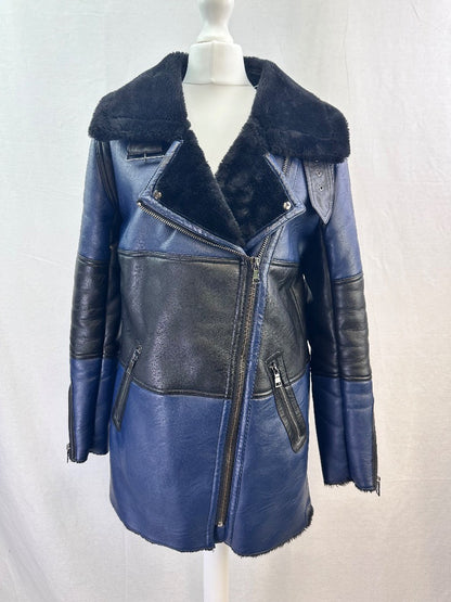 Urbancode London Faux Leather Blue Black Coat Size 8 GC