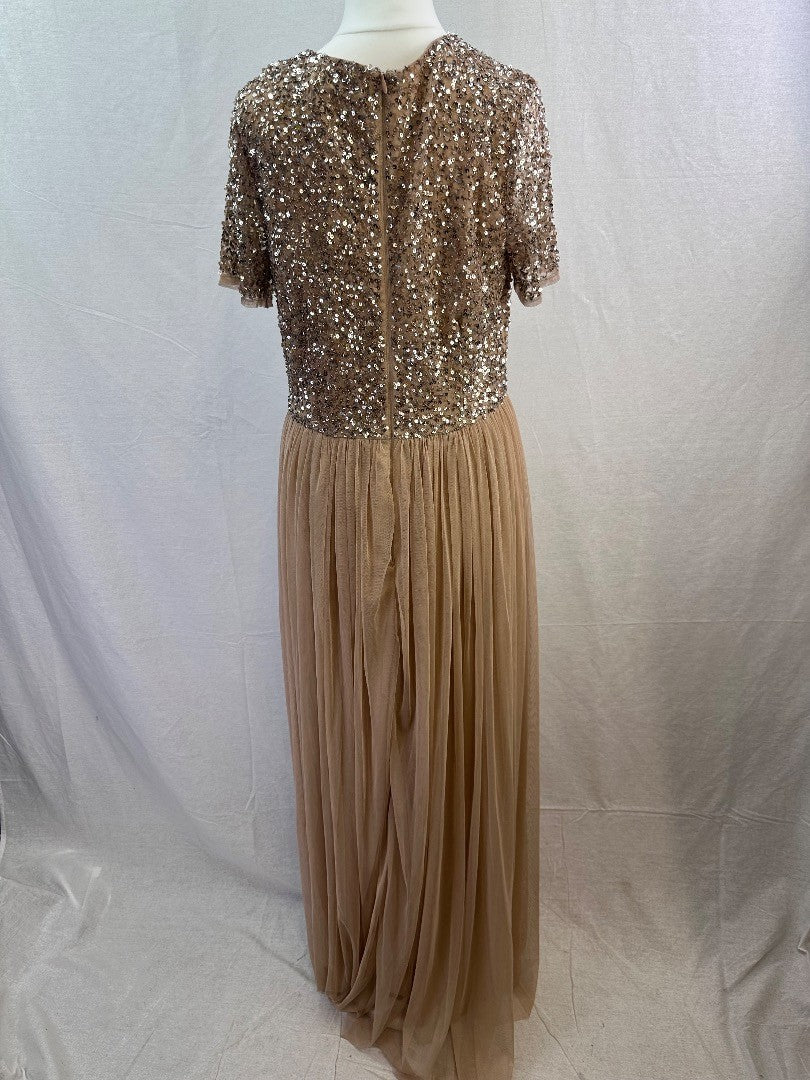 Maya Deluxe Nude Sequin Long Prom Evening Dress Size 12 Excellent Condition